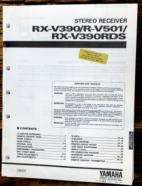 Yamaha RX-V390 R-V501 RX-V390RDS Receiver Service Manual *Original*