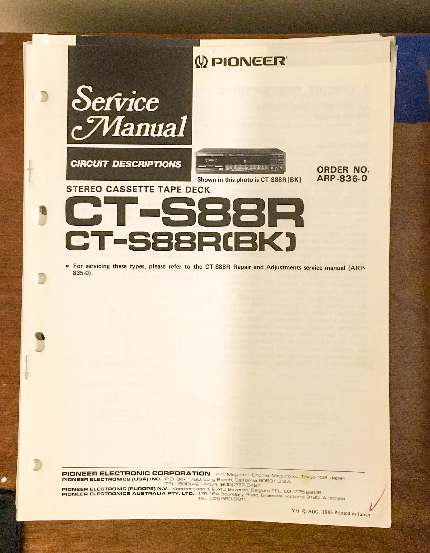 Pioneer CT-88R   Service Manual *Original* #1