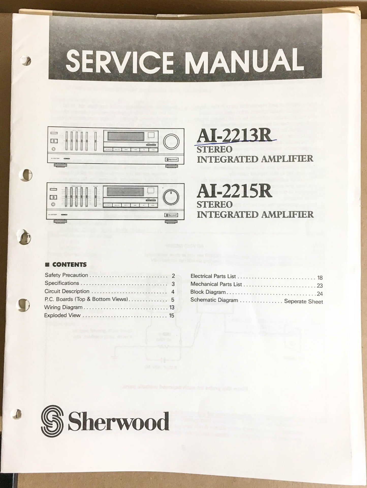 Sherwood AI-2213R AI-2215R Amplifier  Service Manual *Original*