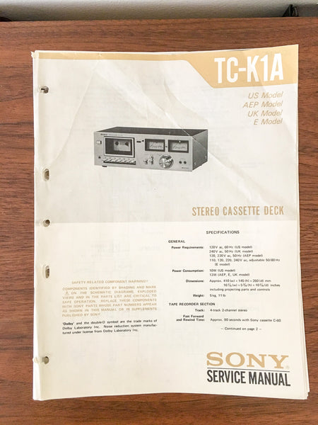 Sony TC-K1A Cassette Service Manual *Original*