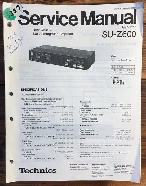 Technics SU-Z600 Amplifier  Service Manual *Original*