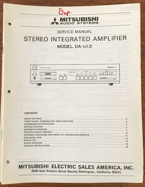 Mitsubishi DA-U12 Stereo Amplifier Service Manual *Original* #1