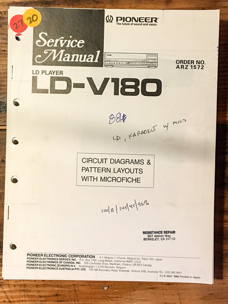 Pioneer LD-V180 Laserdisc Player Service Manual *Original*