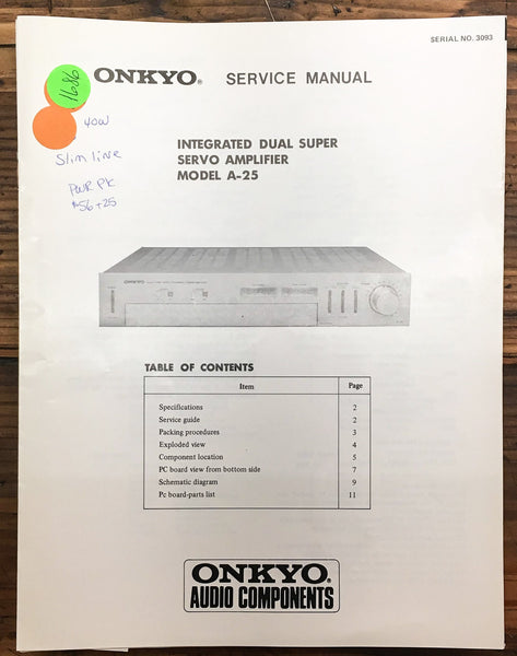 Onkyo A-25 Amplifier  Service Manual *Original*