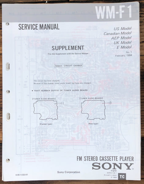 Sony WM-F1 Cassette Player Supp. Service Manual *Original*