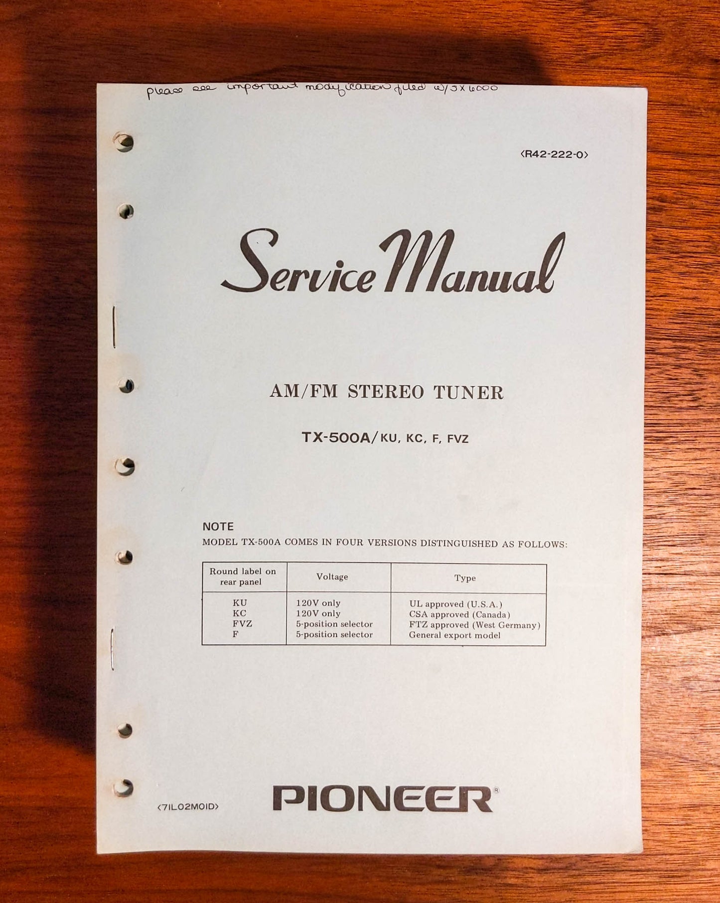 Pioneer TX-500A Tuner Service Manual *Original*