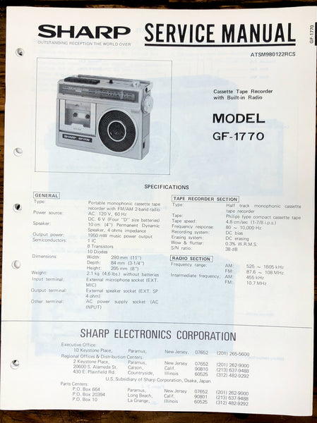 Sharp GF-1770 Radio / Boombox  Service Manual *Original*