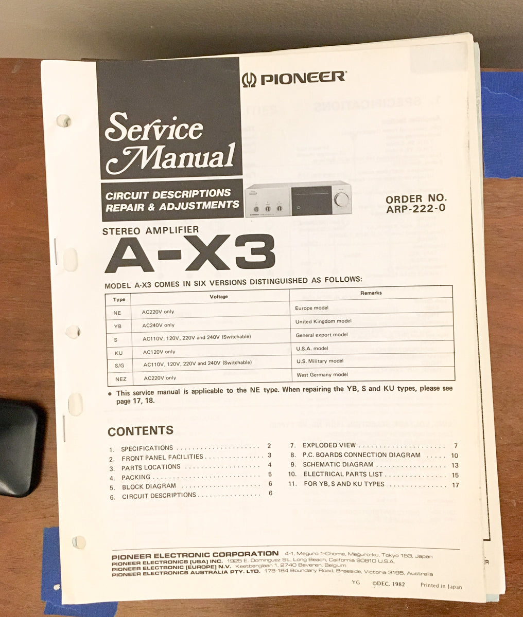 Pioneer A-X3 Amplifier Service Manual *Original*