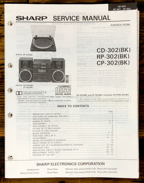 Sharp CD-302 RP-302 CP-302 Radio / Stereo System Service Manual *Original*