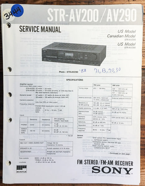 Sony STR-AV200 STR-AV290 Receiver  Service Manual *Original*