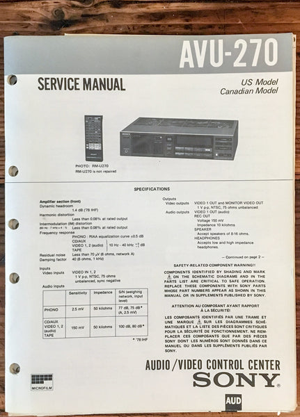 Sony AVU-270 AV Control Center  Service Manual *Original*