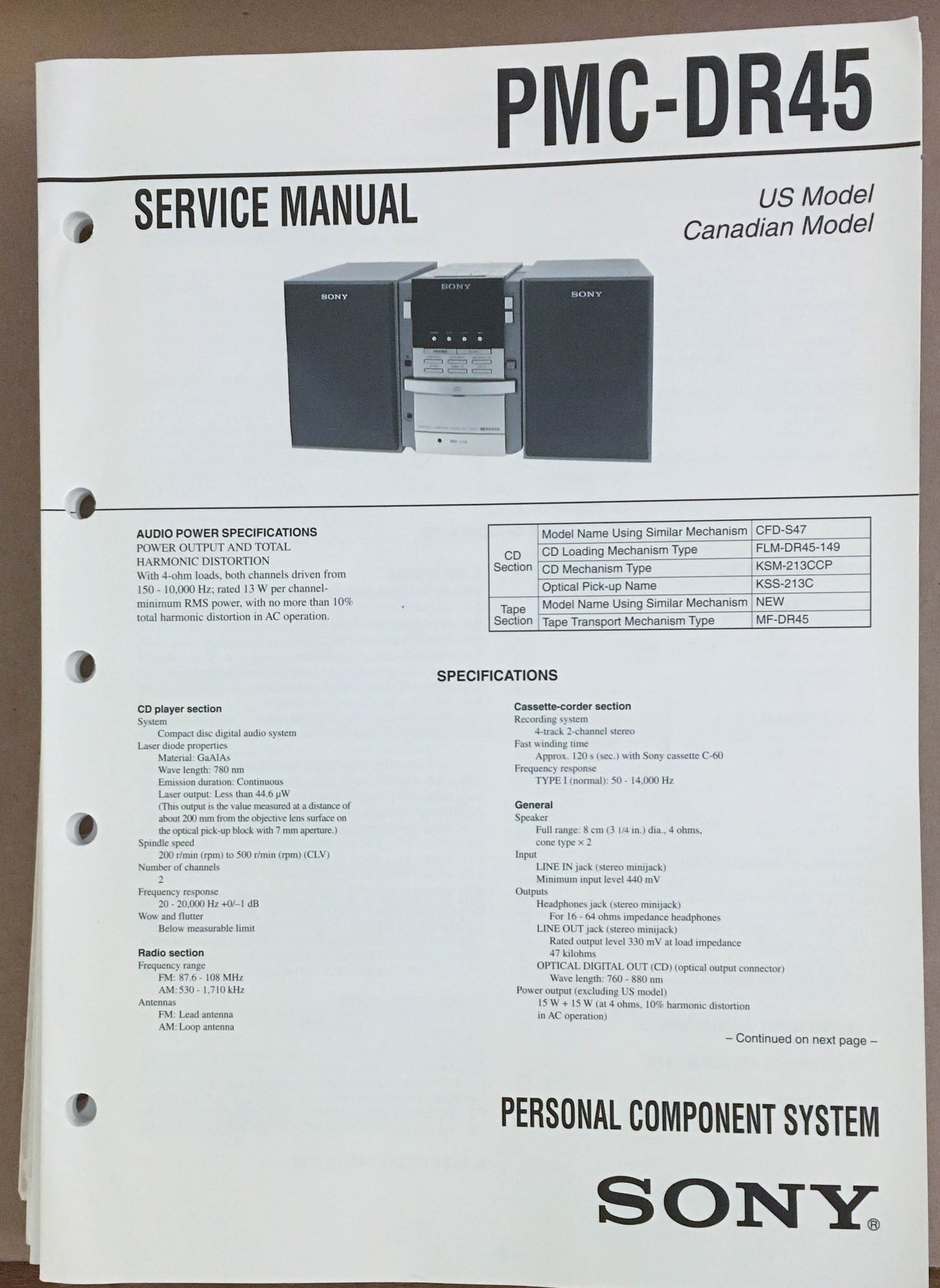 Sony  PMC-DR45 Minidisc Stereo Service Manual *Original*
