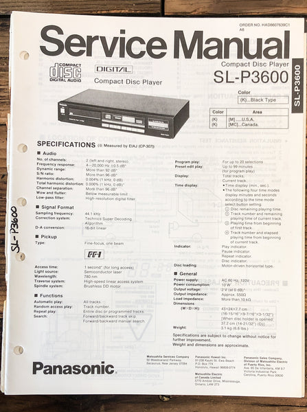 Panasonic SL-P3600 CD Player  Service Manual *Original*