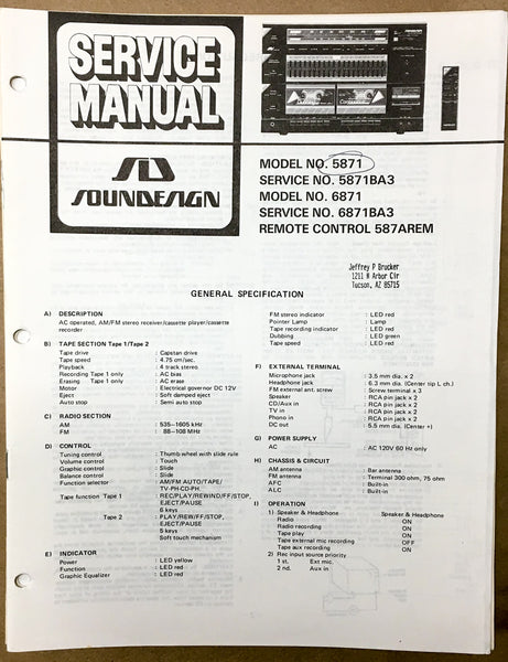 Soundesign Model 5871 6871 Stereo Service Manual *Original*