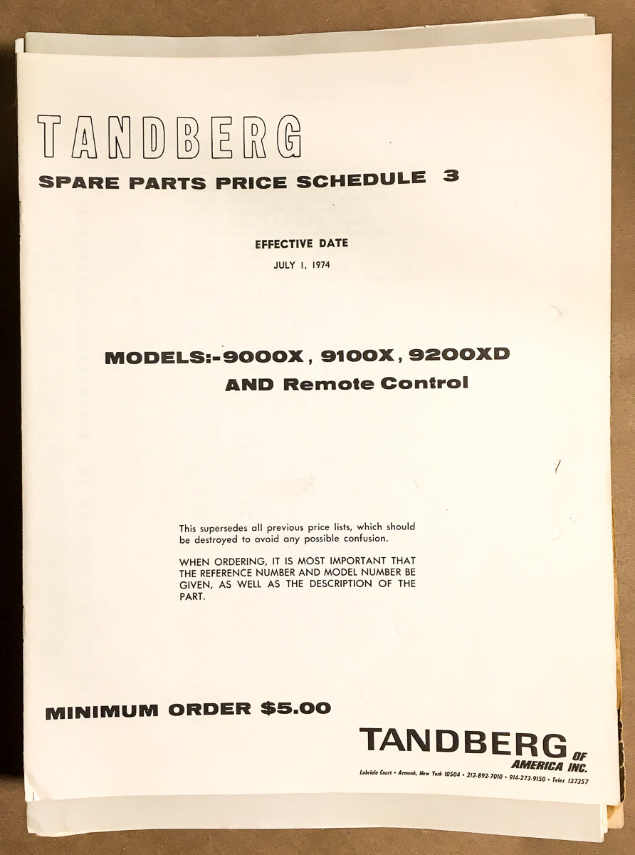 Tandberg Model 9000X 9100X 9200XD Reel to Reel Spare Parts Schedule 3 *Original*