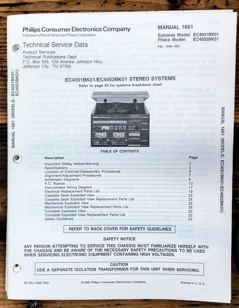 Magnavox / Philco / Sylvania EC4001 EC4002 Stereo  Service Manual *Original*