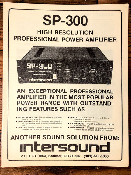 Intersound SP-300 Amplifier 3 pg Foldout Dealer Brochure *Orig*