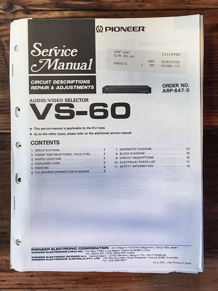 Pioneer VS-60 AV Selector Service Manual *Original*