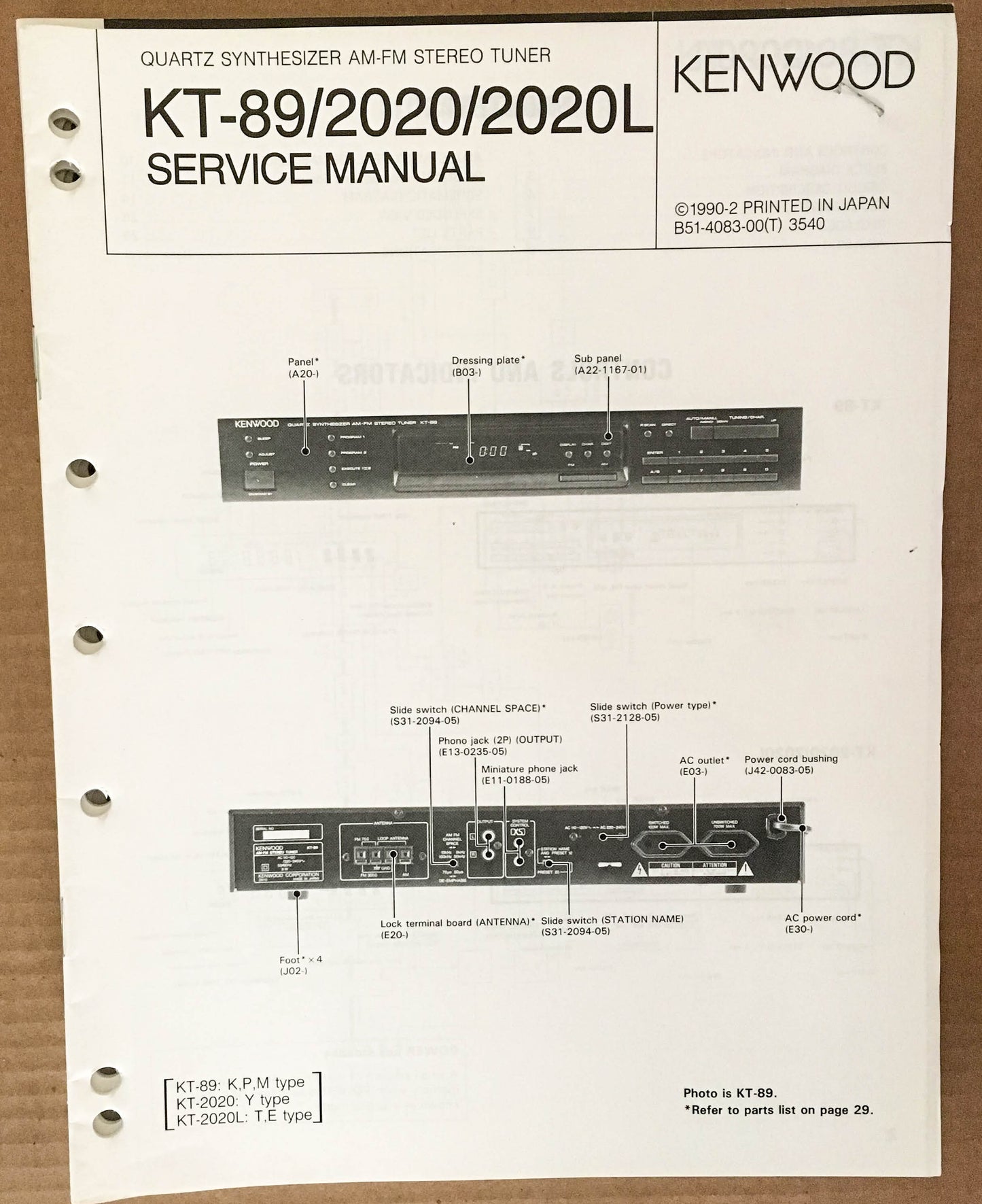 Kenwood KT-89 KT-2020 KT-2020L Tuner Service Manual *Original*