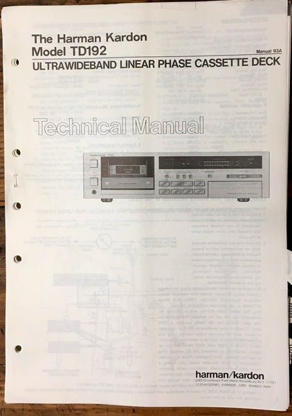 HK Harman Kardon TD-192 TD-192 Cassette Service Manual *Original*