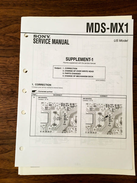 Sony MDS-MX1 MD Mini Disc Service Manual Supplement *Original*