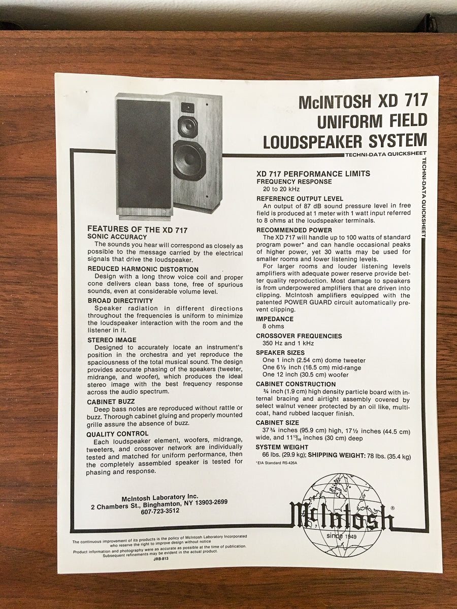 McIntosh XD 717 Speaker Dealer Spec Sheet *Original*