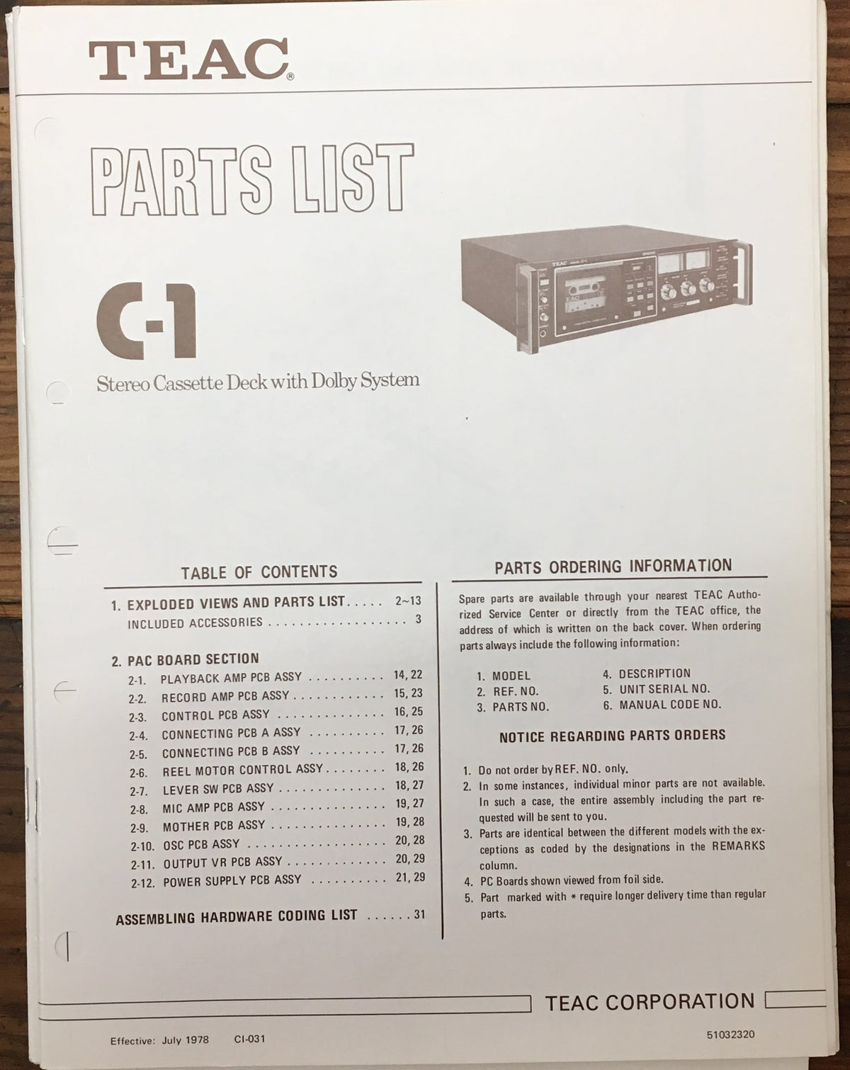 Teac C-1 Cassette Deck  Parts List Manual *Original*