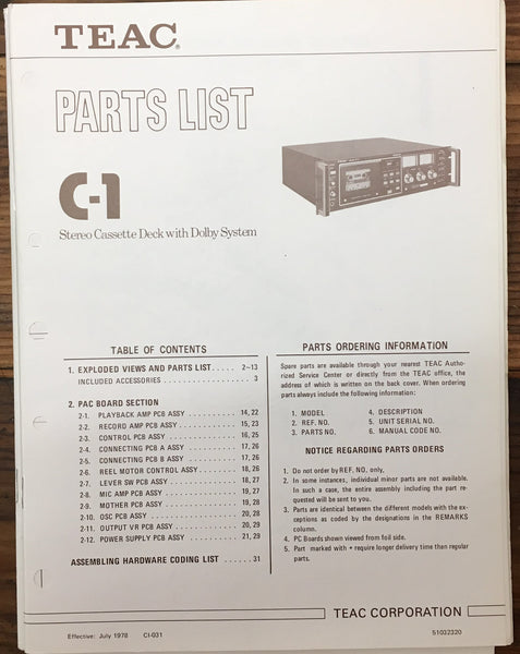 Teac C-1 Cassette Deck  Parts List Manual *Original*