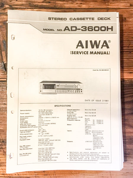 Aiwa AD-3600 / AD-3600H Cassette Service Manual *Original*