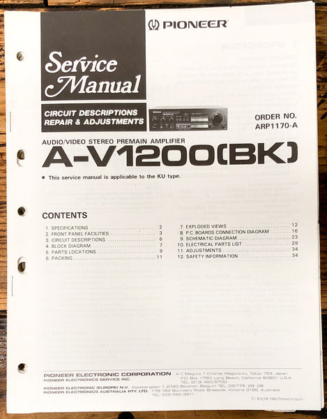 Pioneer A-V1200 Preamp / Preamplifier Service Manual *Original*