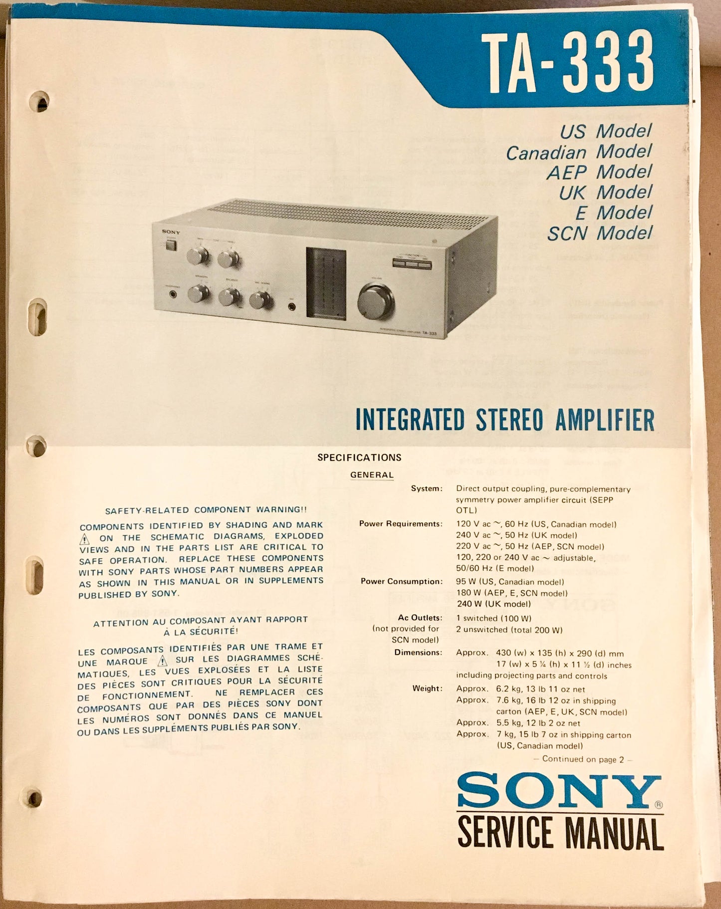 Sony TA-333 Amplifier  Service Manual *Original*