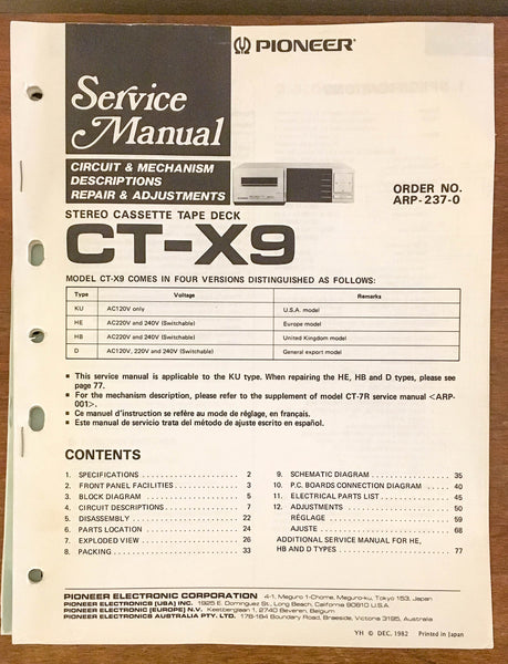 Pioneer CT-X9 Cassette Deck  Service Manual *Original*