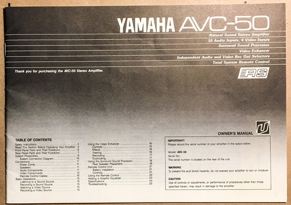 Yamaha AVC-50 Amplifier  Owners / Instruction Manual *Original*