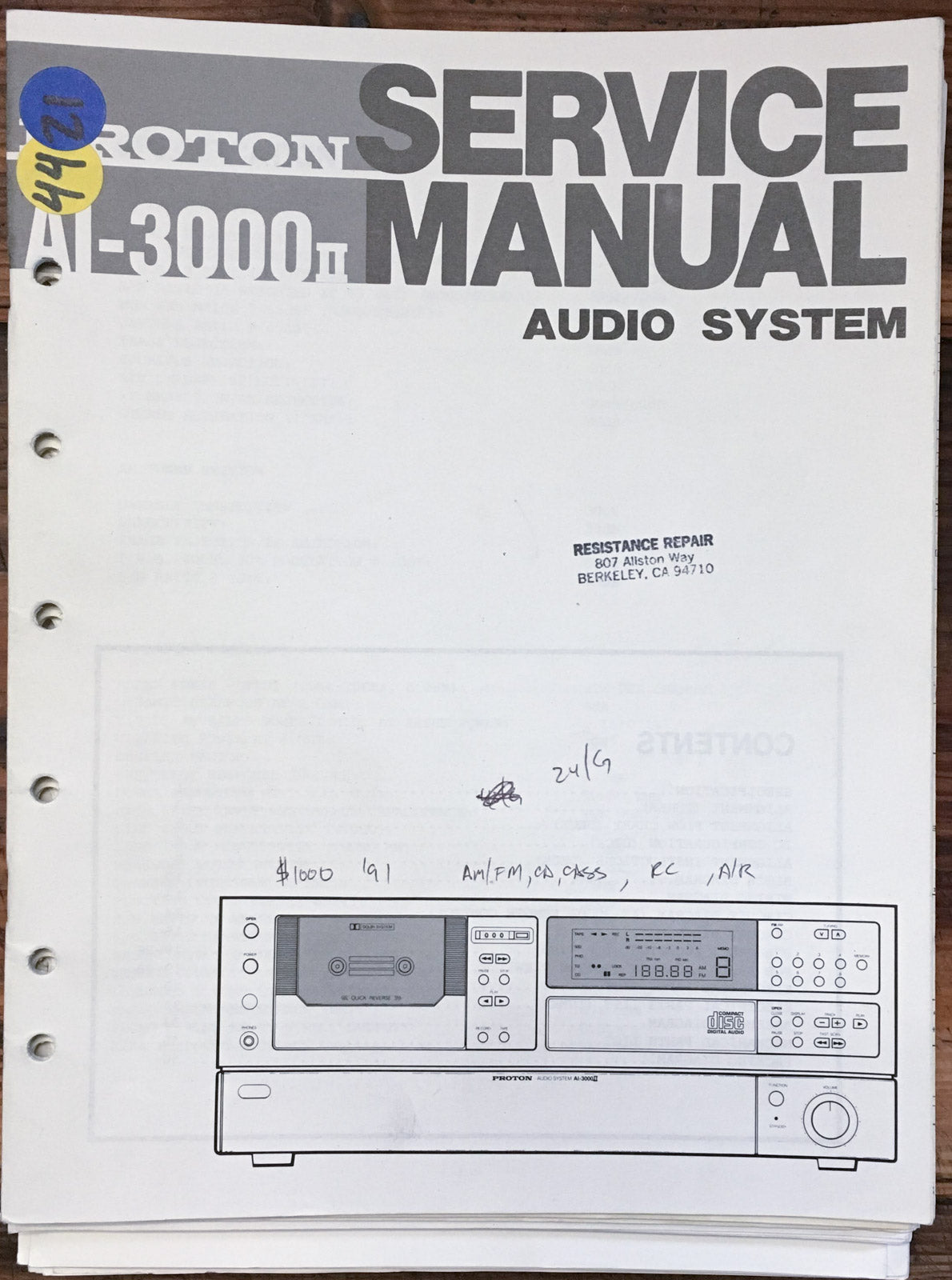 Proton AL-3000 II AL 3000 Stereo  Service Manual *Original*