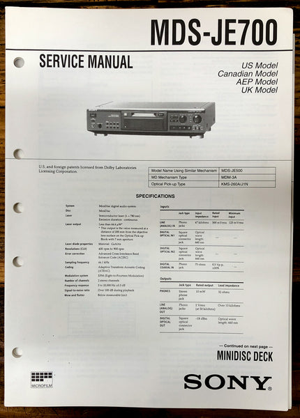Sony MDS-JE700 MD MiniDisc Deck  Service Manual *Original*