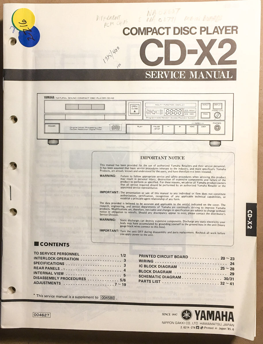 Yamaha CDX-X2 CD Player  Service Manual *Original* #1