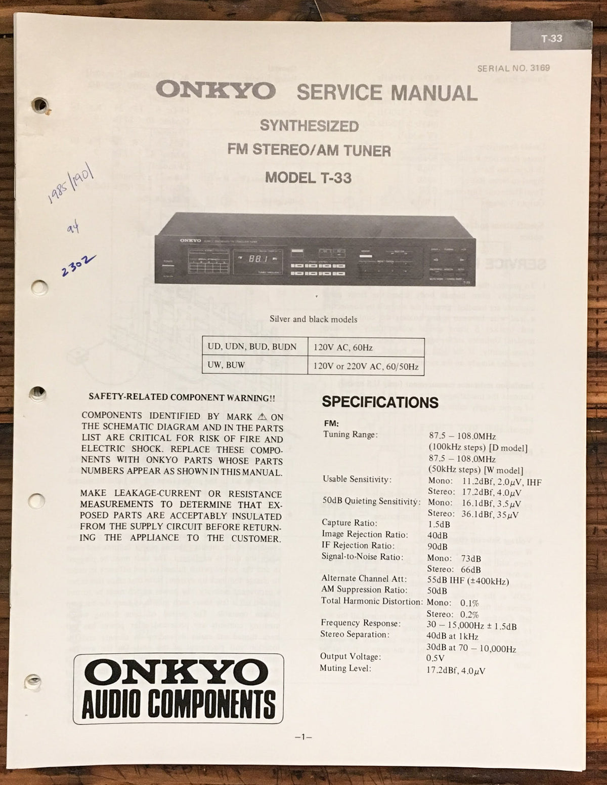 Onkyo T-33 Tuner  Service Manual *Original*
