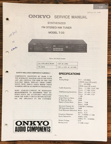 Onkyo T-33 Tuner  Service Manual *Original*
