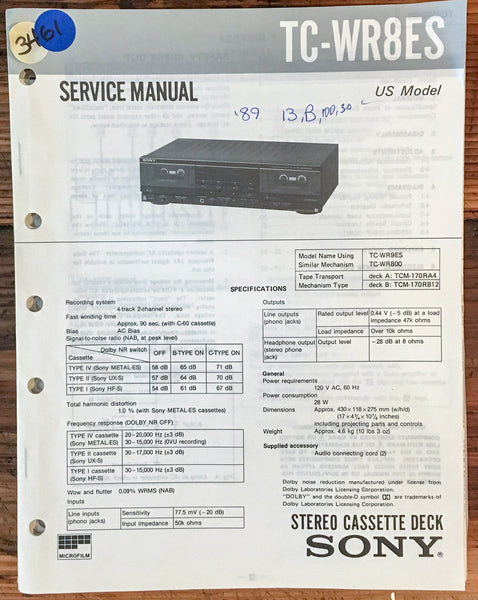 Sony TC-WR8ES Cassette Deck  Service Manual *Original*