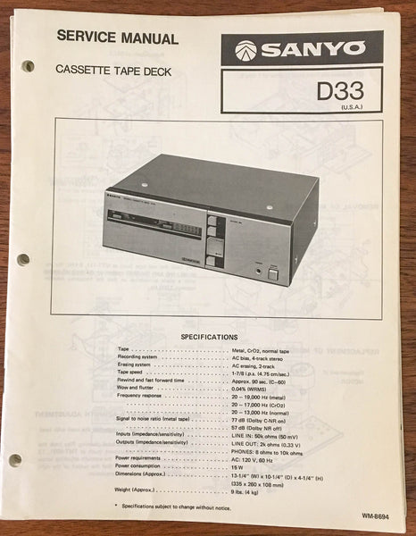 Sanyo D 33 D-33 Tape Cassette Service Manual *Original*