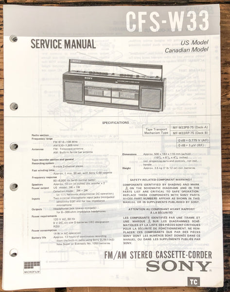Sony CFS-W33 Radio / Boombox  Service Manual *Original*