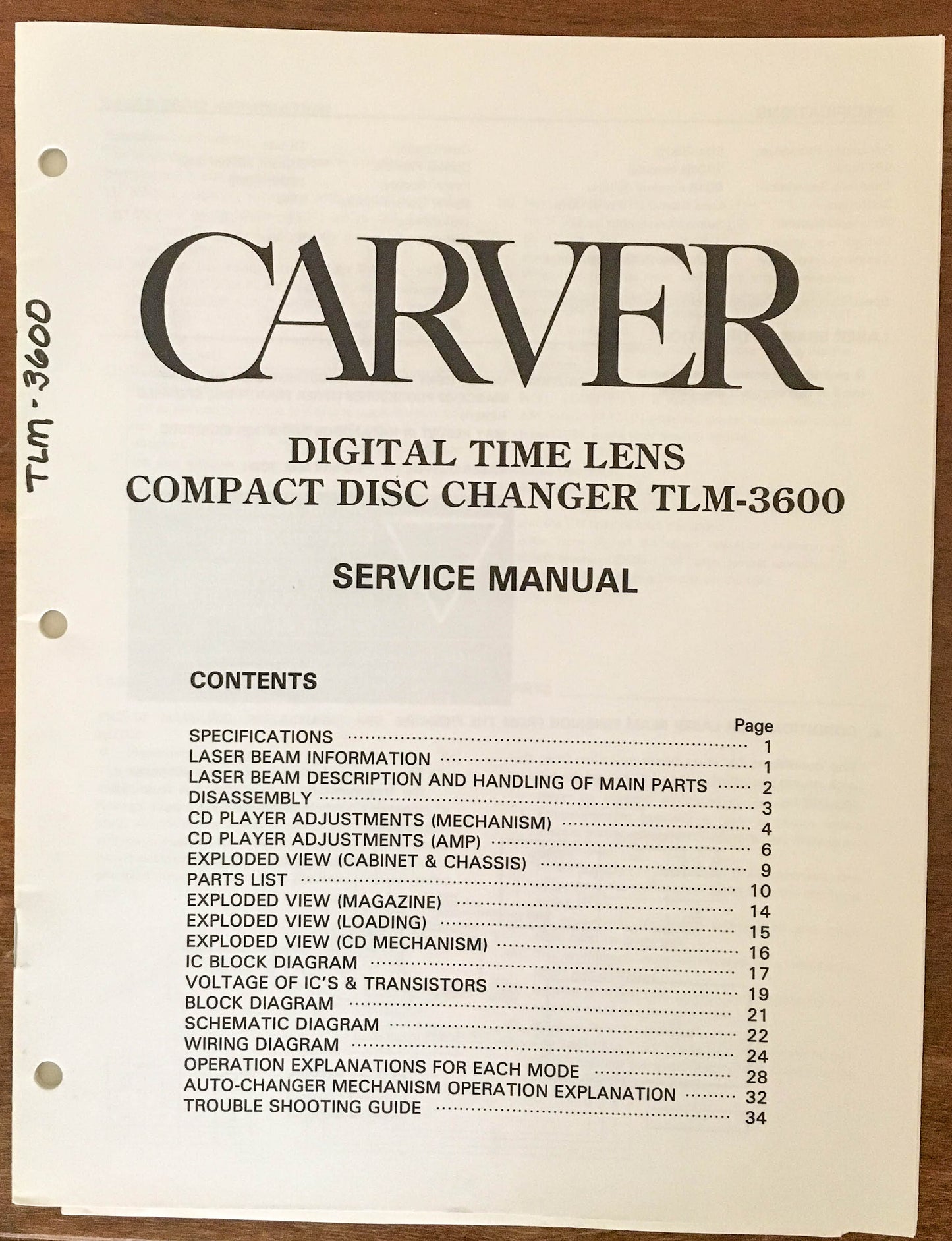 Carver TLM-3600 CD Player  Service Manual *Original*