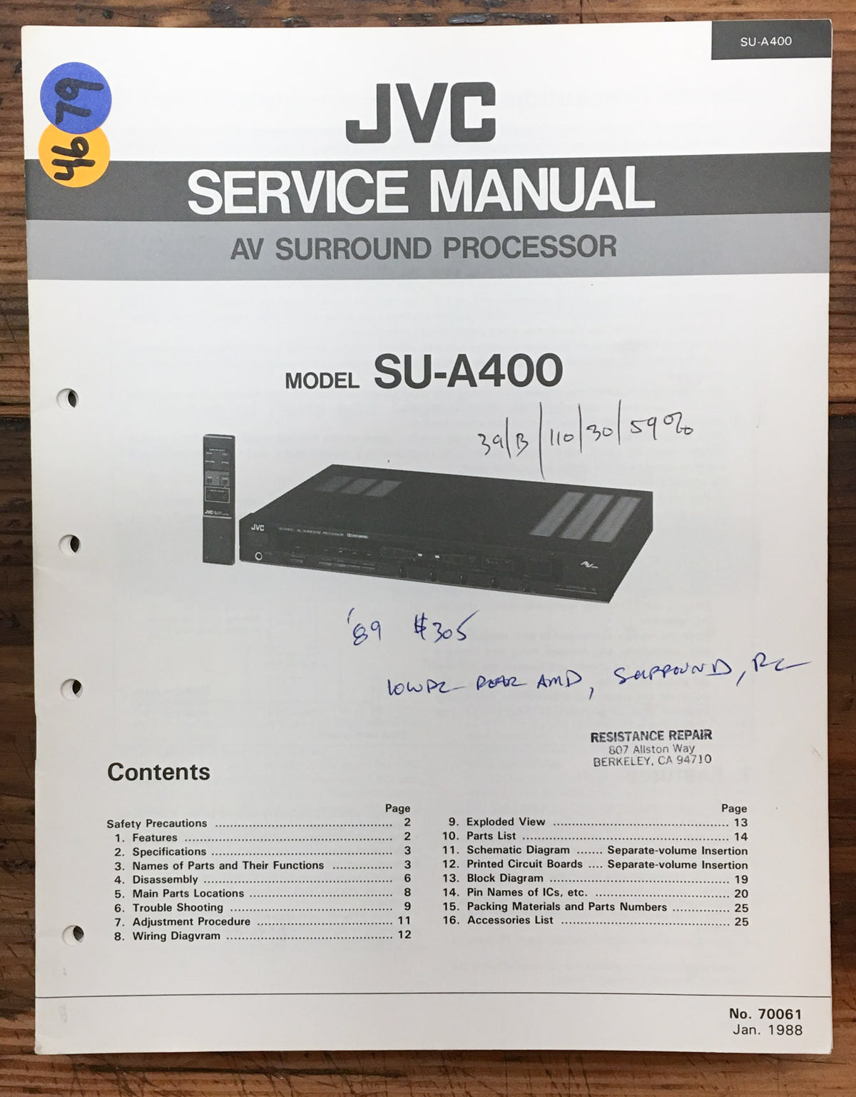 JVC SU-A400 Surround Processor  Service Manual *Original*
