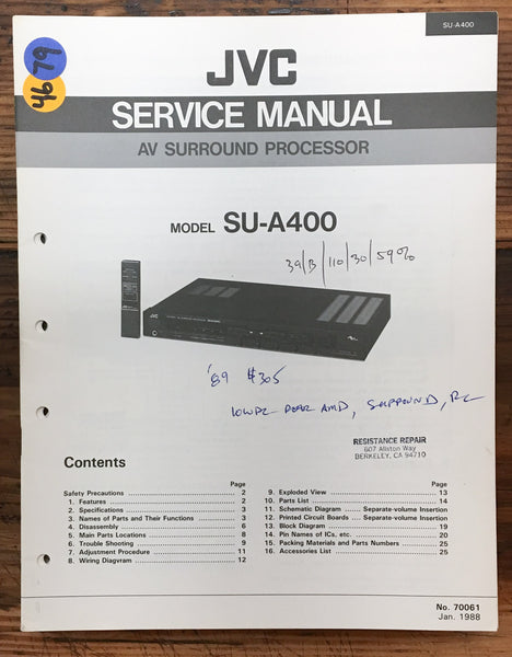JVC SU-A400 Surround Processor  Service Manual *Original*