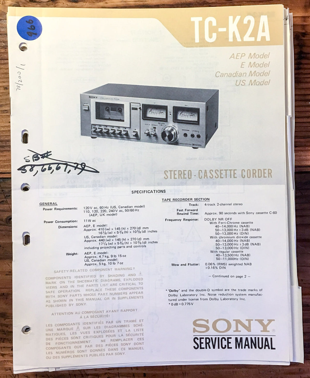Sony TC-K2A Cassette Deck  Service Manual *Original*