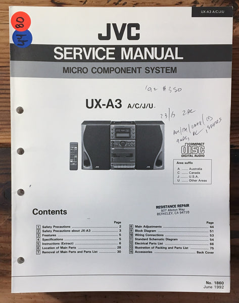 JVC UX-A3 Stereo Service Manual *Original*