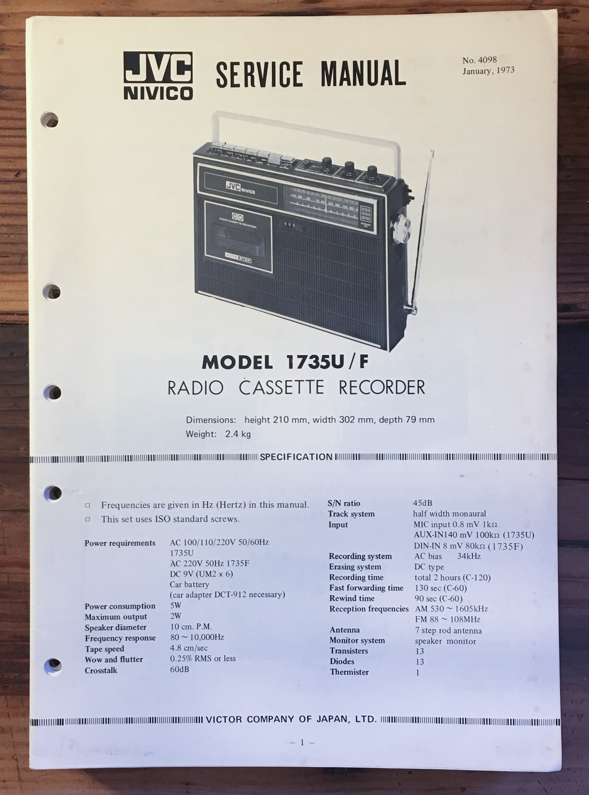 JVC 1735U 1735 U Radio Cassette Service Manual *Original*