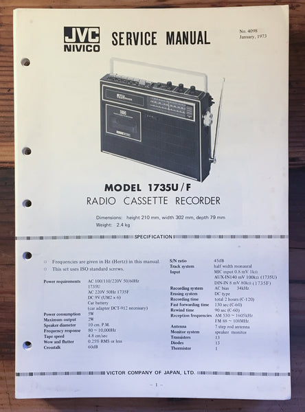 JVC 1735U 1735 U Radio Cassette Service Manual *Original*