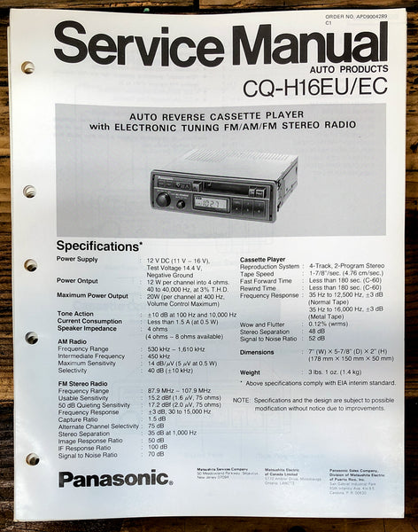 Panasonic CQ-H16EU EC Car Stereo  Service Manual *Original*