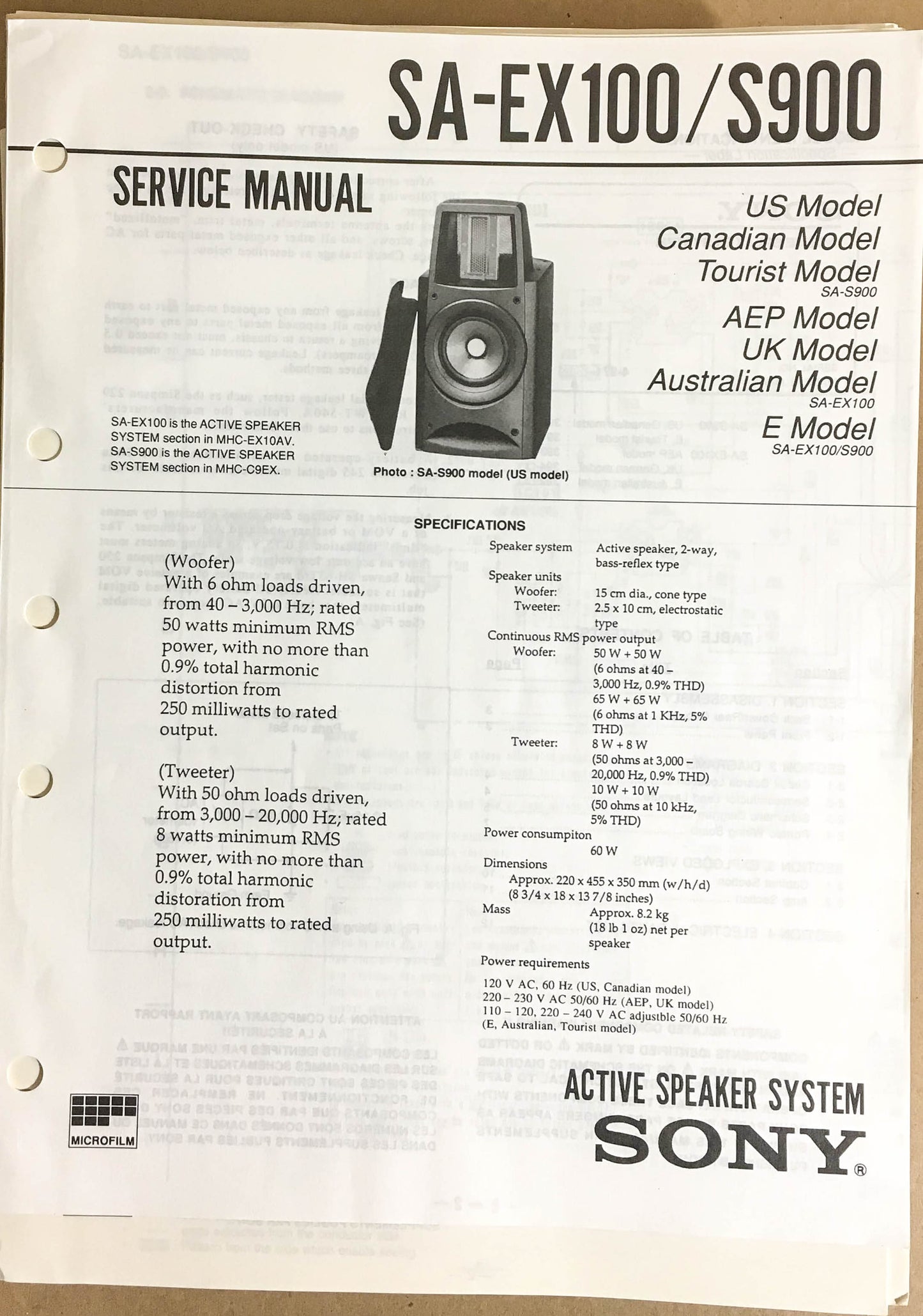 Sony SA-EX100 SA-S900 Speaker System  Service Manual *Original*